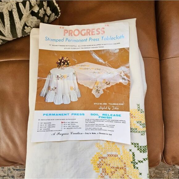 Vintage "Progress"  Cross Stiched Yellow Tailsmanrose 60 X 90 Oblong Tablecloth, - Picture 3 of 4